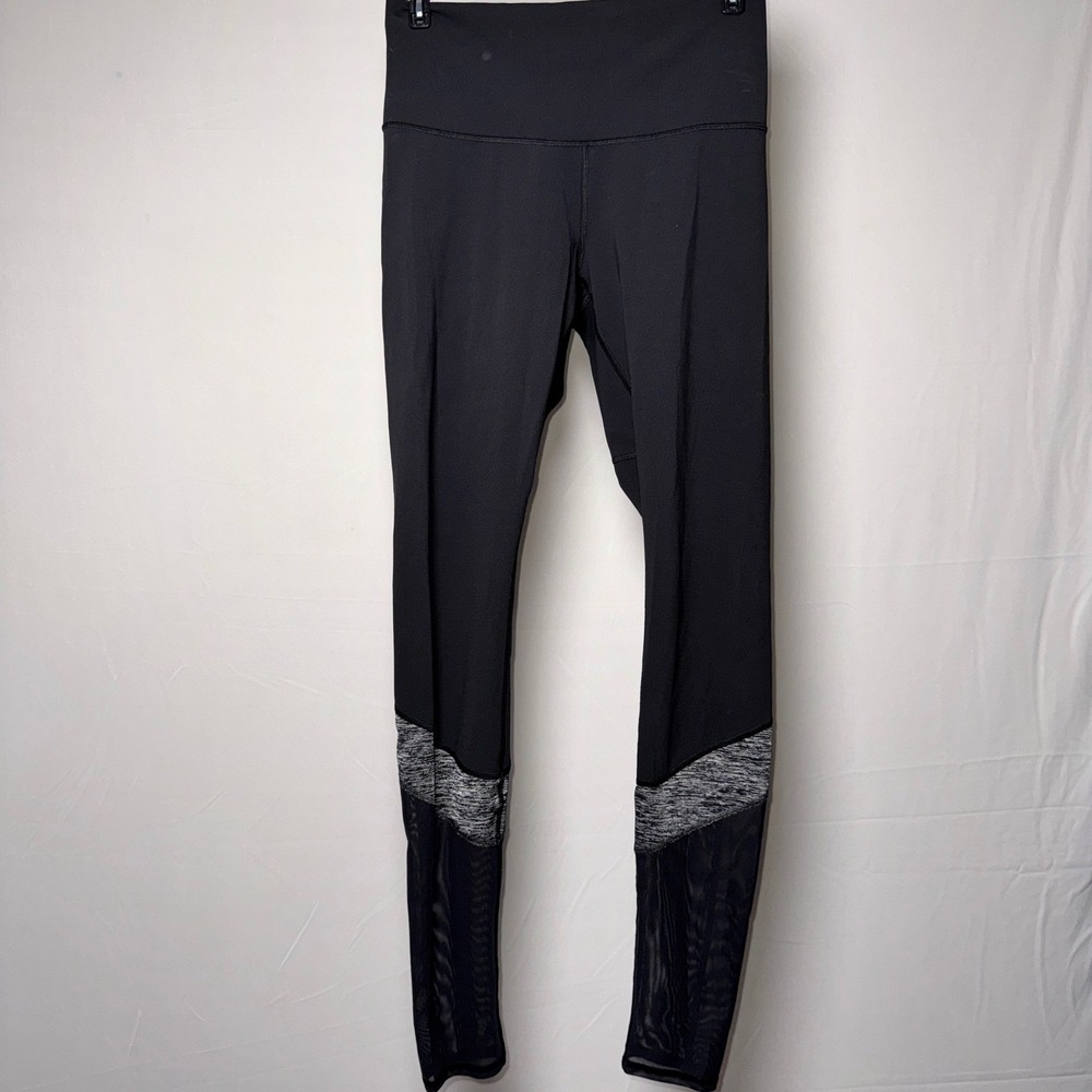 Lululemon Black Mesh Panel High Rise Leggings Size 8 Heathered Grey Trim Yoga